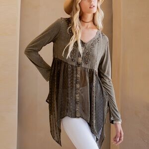 Embellished Olive Mesh Panel Button-Down Tunic - Unbranded
